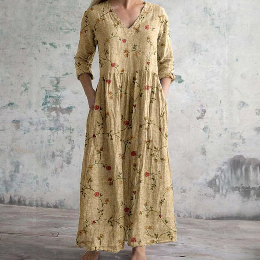 Vestido largo elegante con escote en V y mangas 3/4 para invitada de boda – MIRÉNA