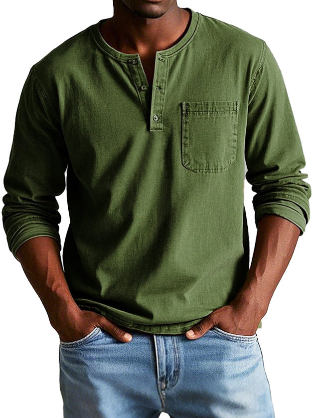 Camiseta Henley de manga larga para hombre con bolsillo en el pecho – RAVEN