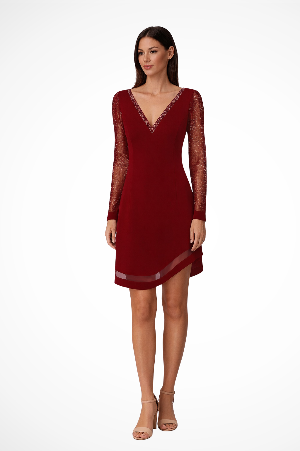 Seraphine – Vestido midi elegante con escote en V y mangas semitransparentes