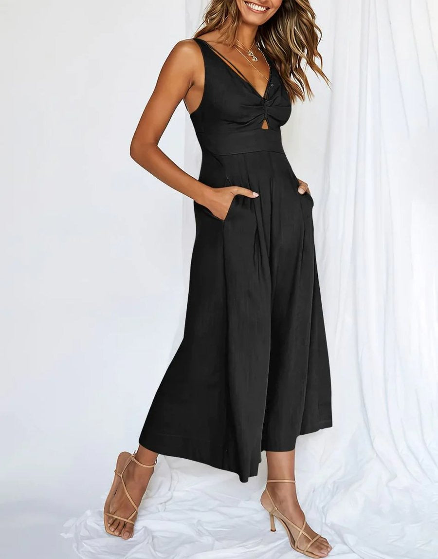 Mono elegante sin mangas con escote en V y pernera ancha – BRIGITTA