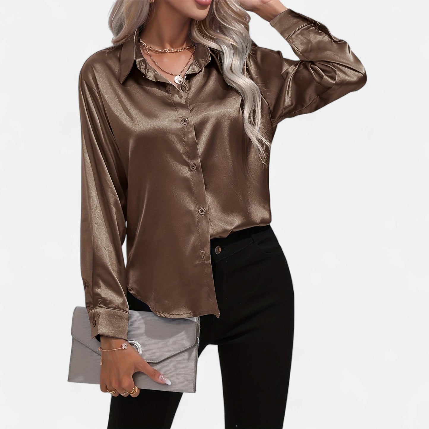 Dorevelle – Camisa satén para mujer con cuello clásico