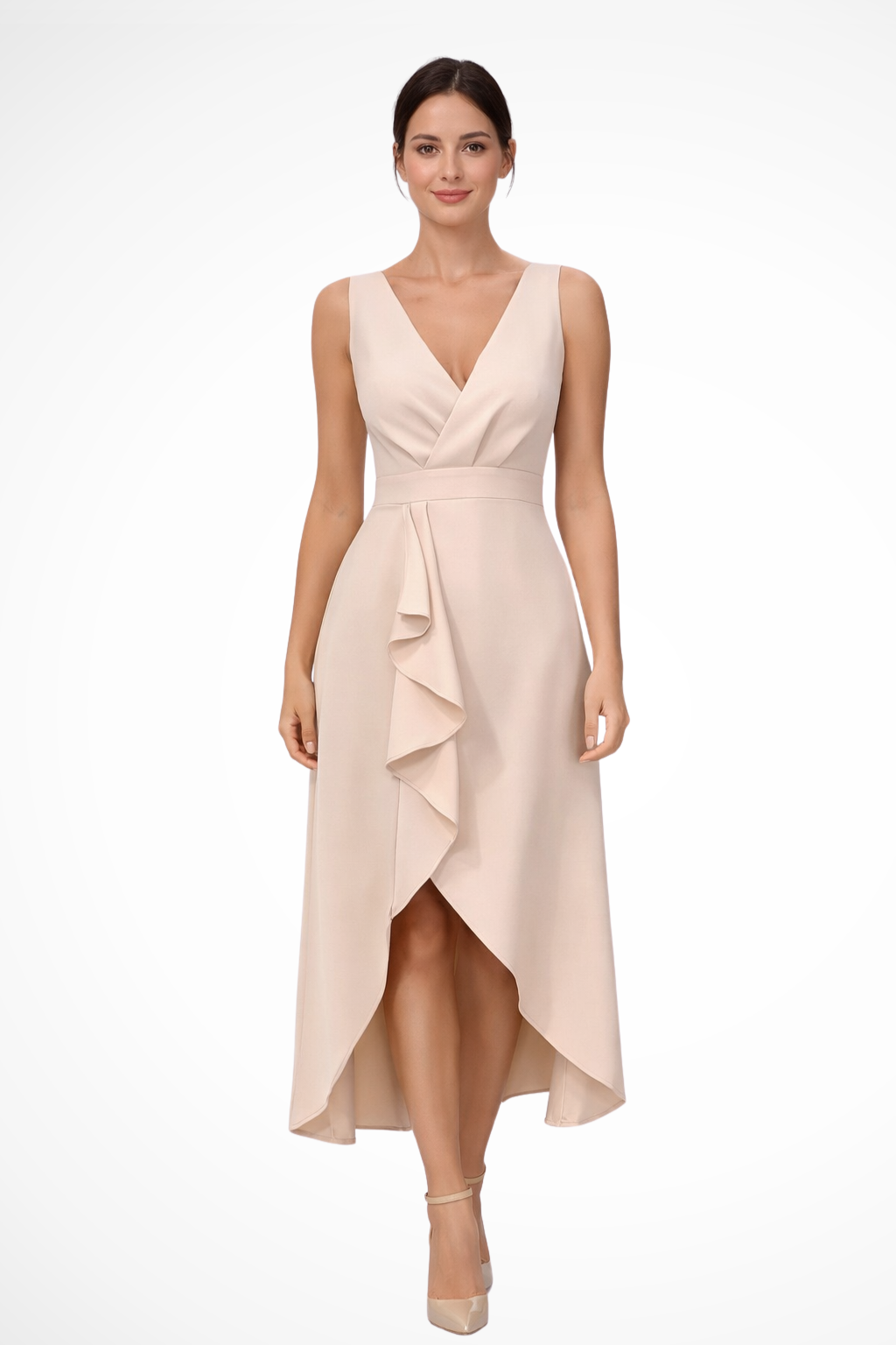 ALINA – Vestido midi de invitada sin mangas con estilo cruzado y bajo asimétrico