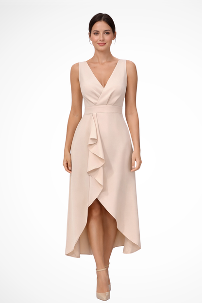 ALINA – Vestido midi de invitada sin mangas con estilo cruzado y bajo asimétrico