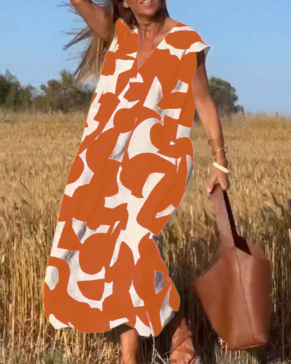Vestido amplio con estampado gráfico y escote en V para mujer – MAËRYS