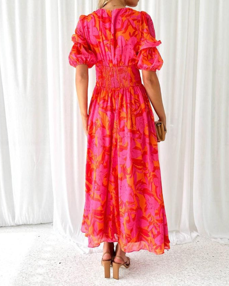 Vestido corto de verano con escote en V y mangas abullonadas – LUNÉA