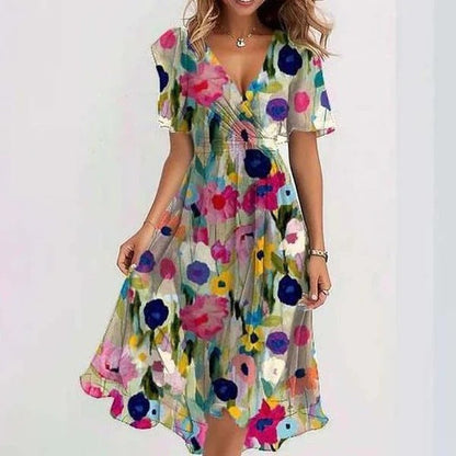 Vestido midi cruzado con estampado fluido para invitada de boda – ELIORA DUNE