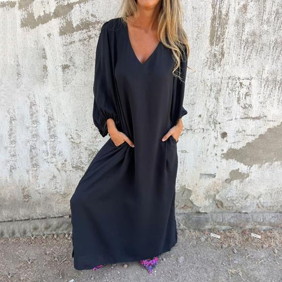 Vestido largo fluido con escote en V y mangas abullonadas – ODESSA