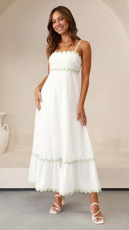 Mar - Vestido Largo de Tirantes Con Diseño de Ondas Color Combinado Playa Primavera Verano Para Mujer Blanco/Verde