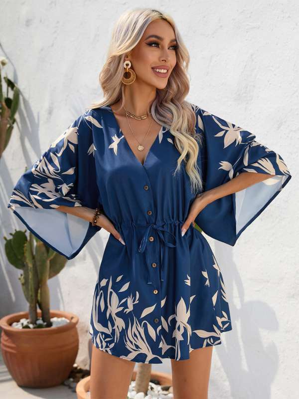 Camila – Vestido mini con estampado floral, escote en V y mangas largas para mujer