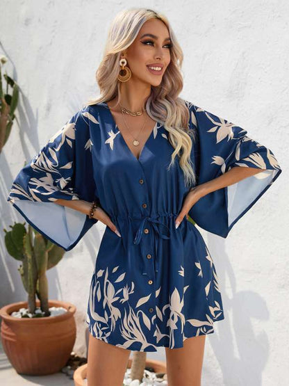 Camila – Vestido mini con estampado floral, escote en V y mangas largas para mujer