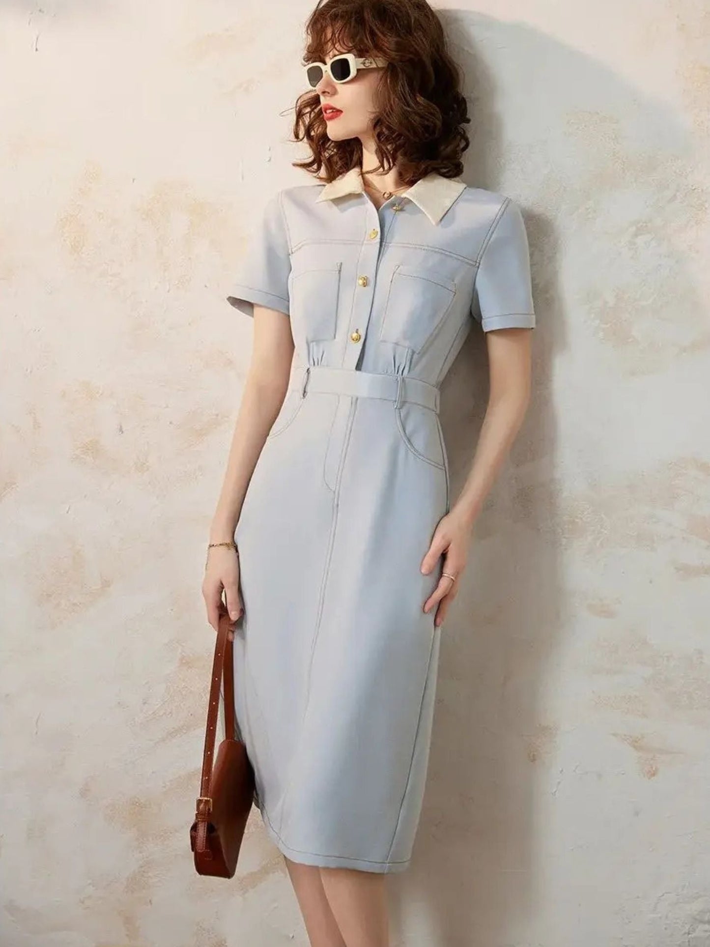 Vestido camisero de mujer con cintura marcada y manga corta – CASILDA