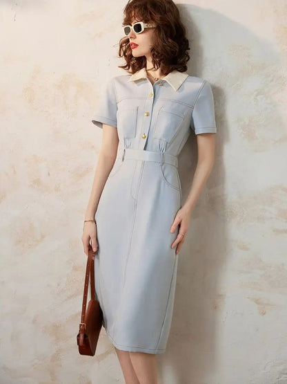 Vestido camisero de mujer con cintura marcada y manga corta – CASILDA