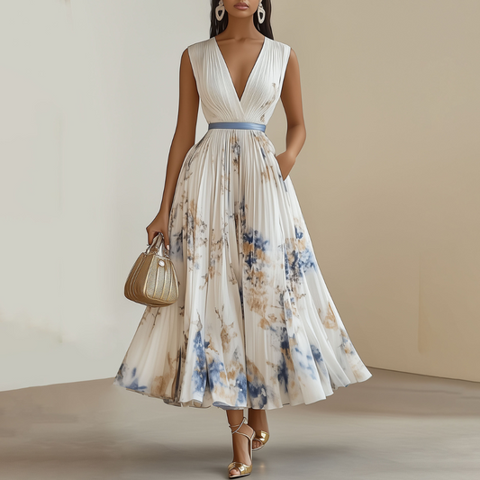 Vestido largo floral con escote en V y falda plisada para invitada de boda – FLORENCE VÉRA