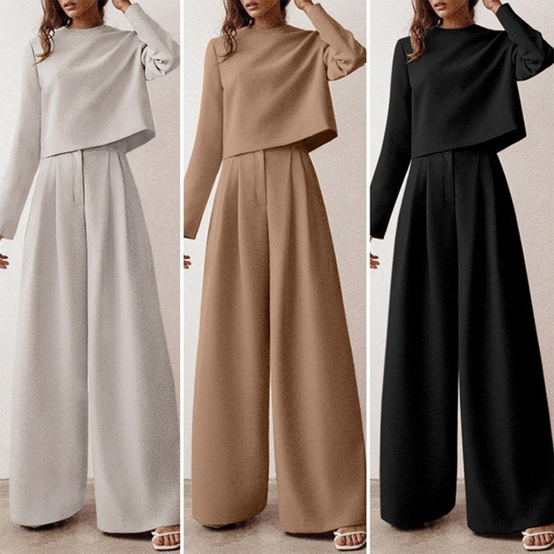 Conjunto elegante de dos piezas con top entallado y pantalón palazzo – CYRENA