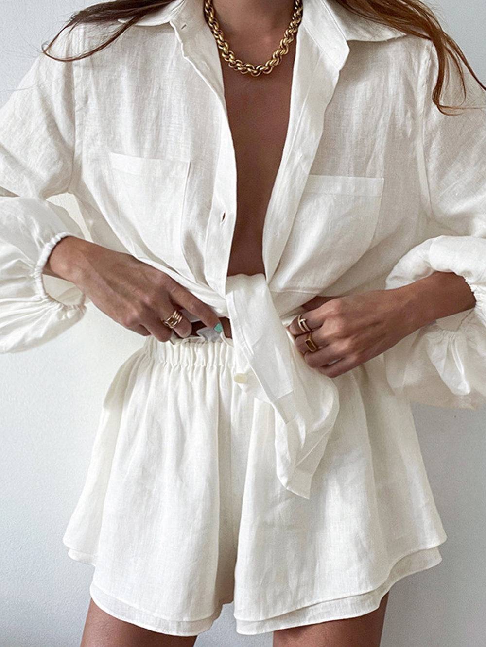 Conjunto veraniego de lino con blusa y pantalón corto – NAYORA