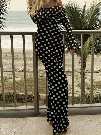 Marina – Vestido largo de lunares con hombros descubiertos y mangas largas para mujer