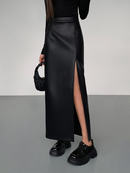 Aurora – Falda midi de cuero sintético con abertura lateral para mujer