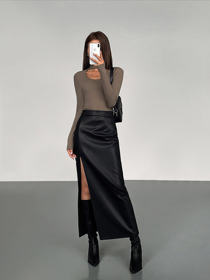 Aurora – Falda midi de cuero sintético con abertura lateral para mujer