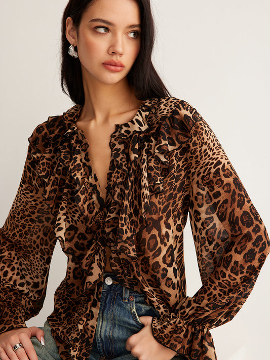 Selva – Blusa con estampado de leopardo y volantes para mujer
