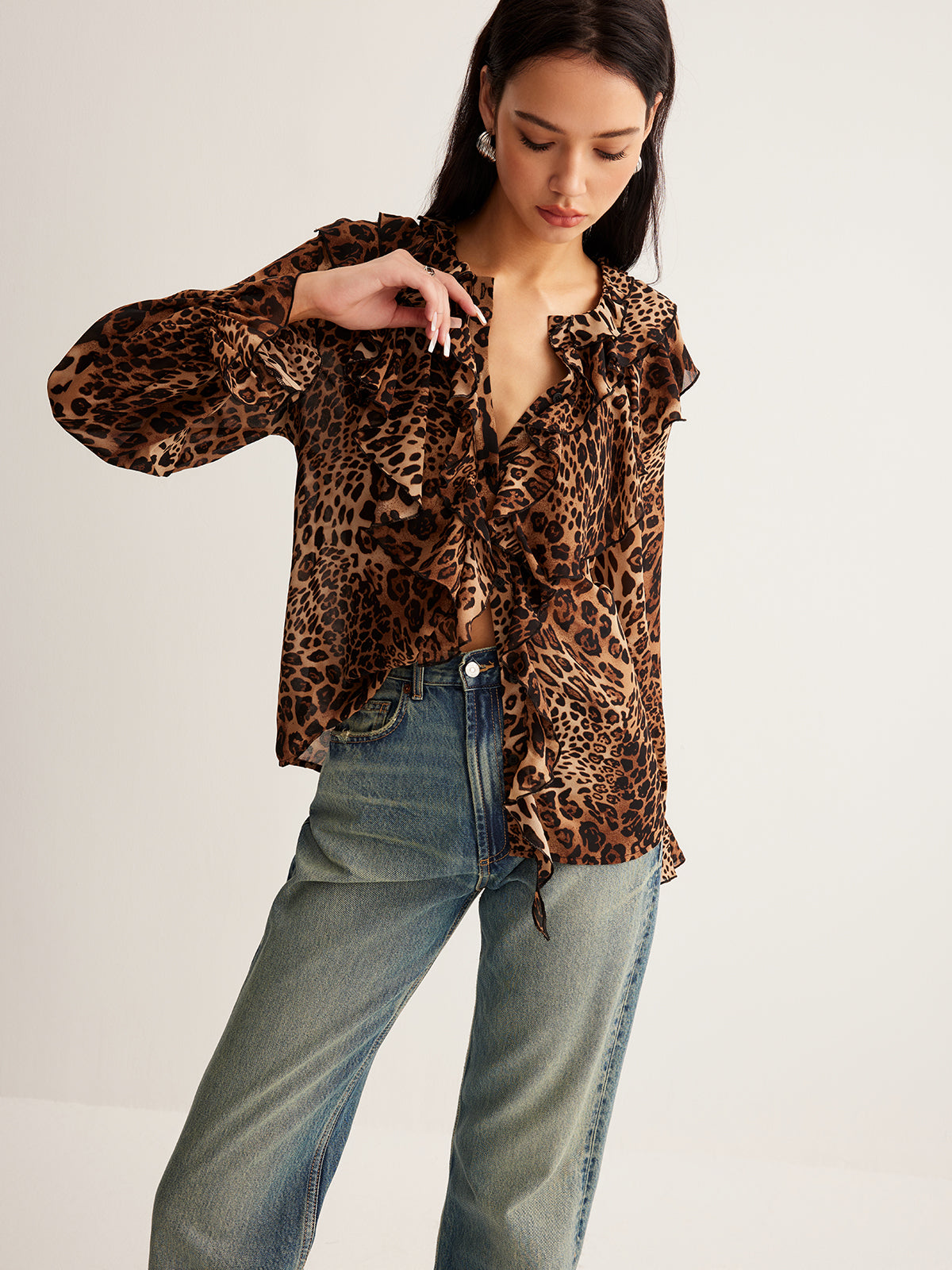Selva – Blusa con estampado de leopardo y volantes para mujer