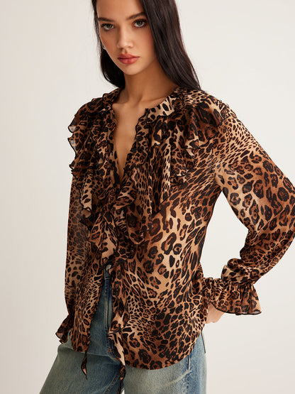 Selva – Blusa con estampado de leopardo y volantes para mujer