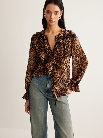 Selva – Blusa con estampado de leopardo y volantes para mujer