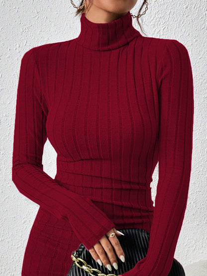 Serena – Vestido de canalé de cuello alto y largo midi para mujer