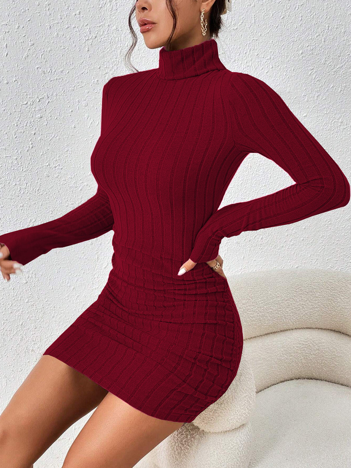 Serena – Vestido de canalé de cuello alto y largo midi para mujer