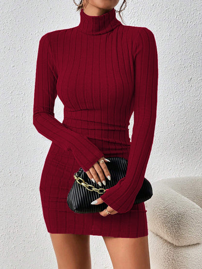 Serena – Vestido de canalé de cuello alto y largo midi para mujer