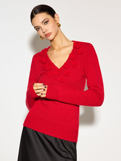 Florencia – Top de punto ceñido con escote en V y flores 3D para mujer