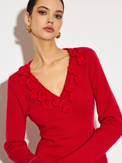 Florencia – Top de punto ceñido con escote en V y flores 3D para mujer