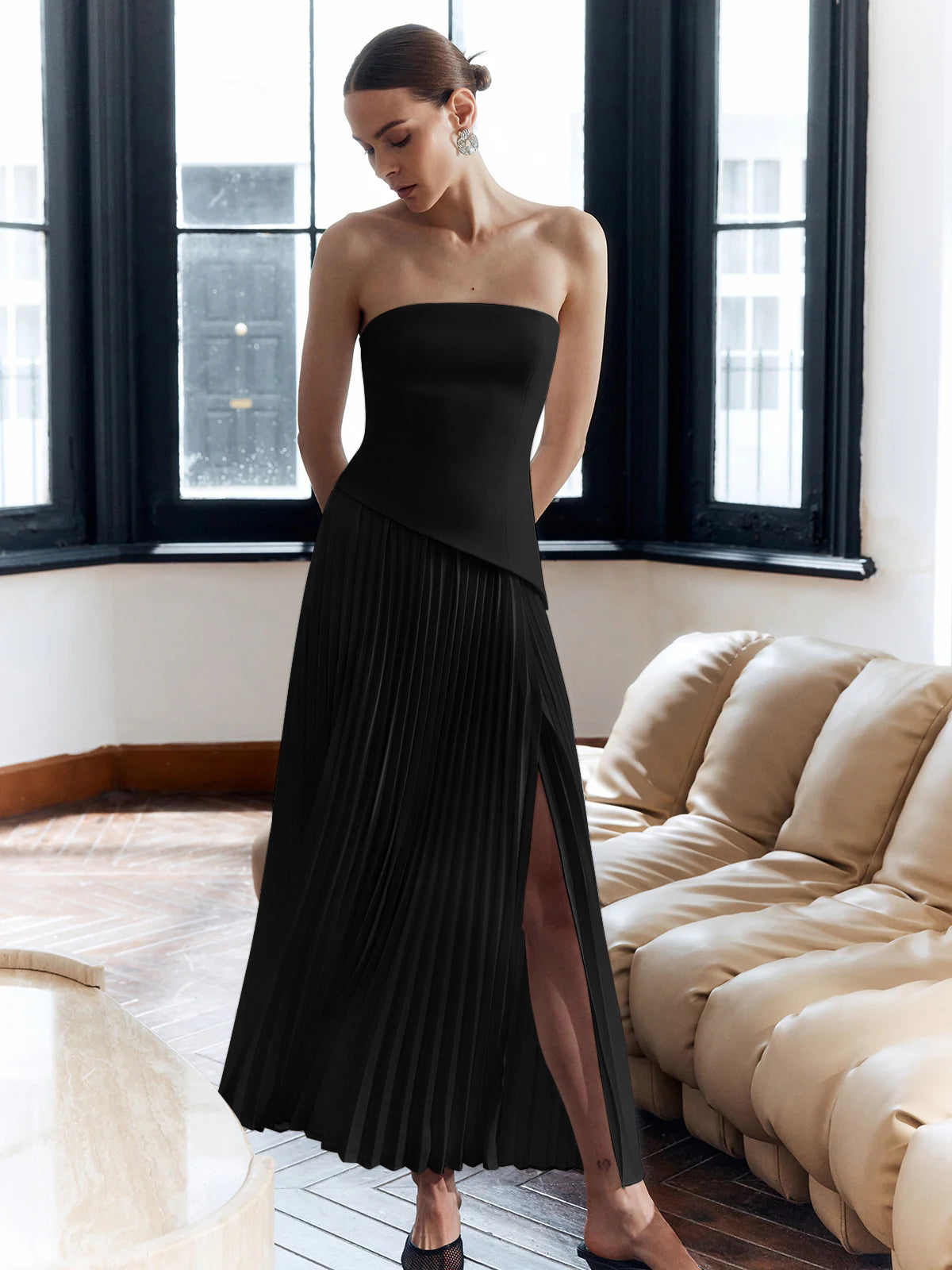 Celestia – Vestido largo sin tirantes plisado con abertura lateral para mujer
