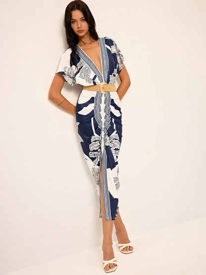 Vestido midi estampado con escote en V sin cinturón – LUMINA