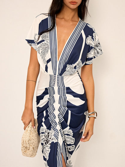 Vestido midi estampado con escote en V sin cinturón – LUMINA