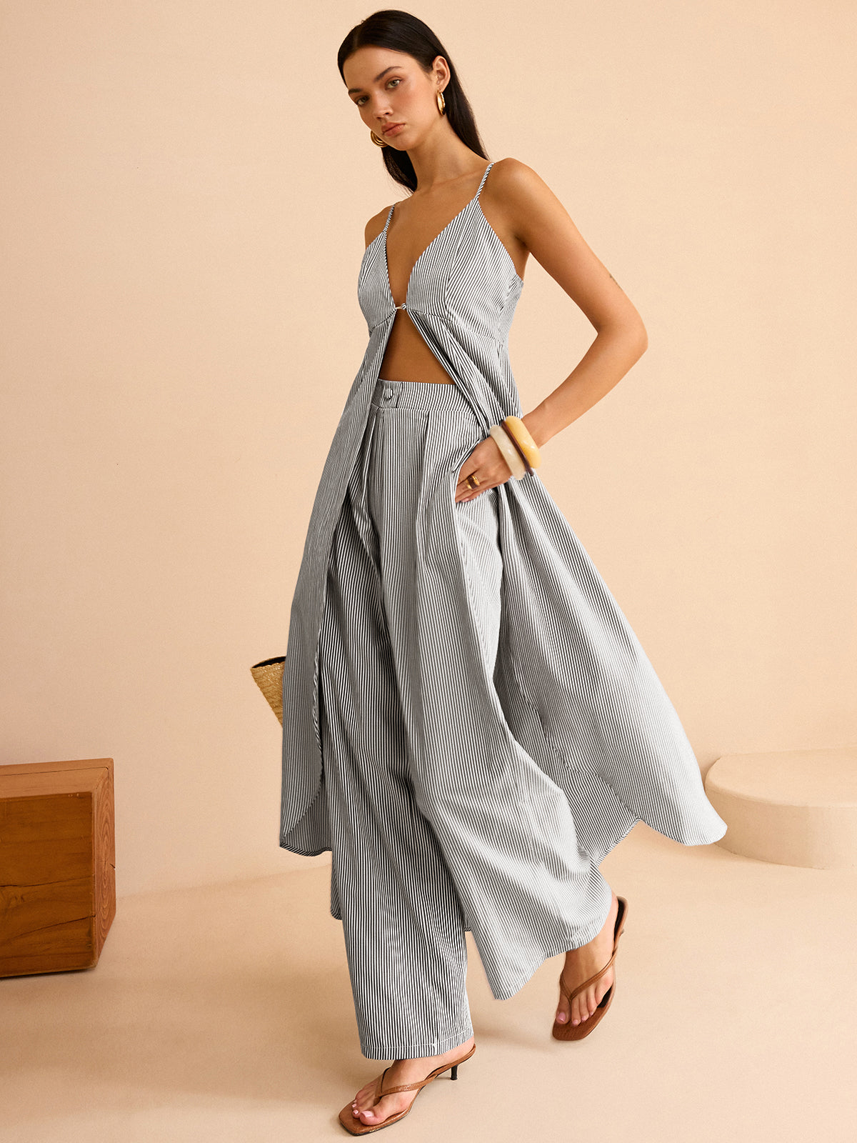 Conjunto de top camisón de rayas y pantalones de pierna ancha – LUMINA