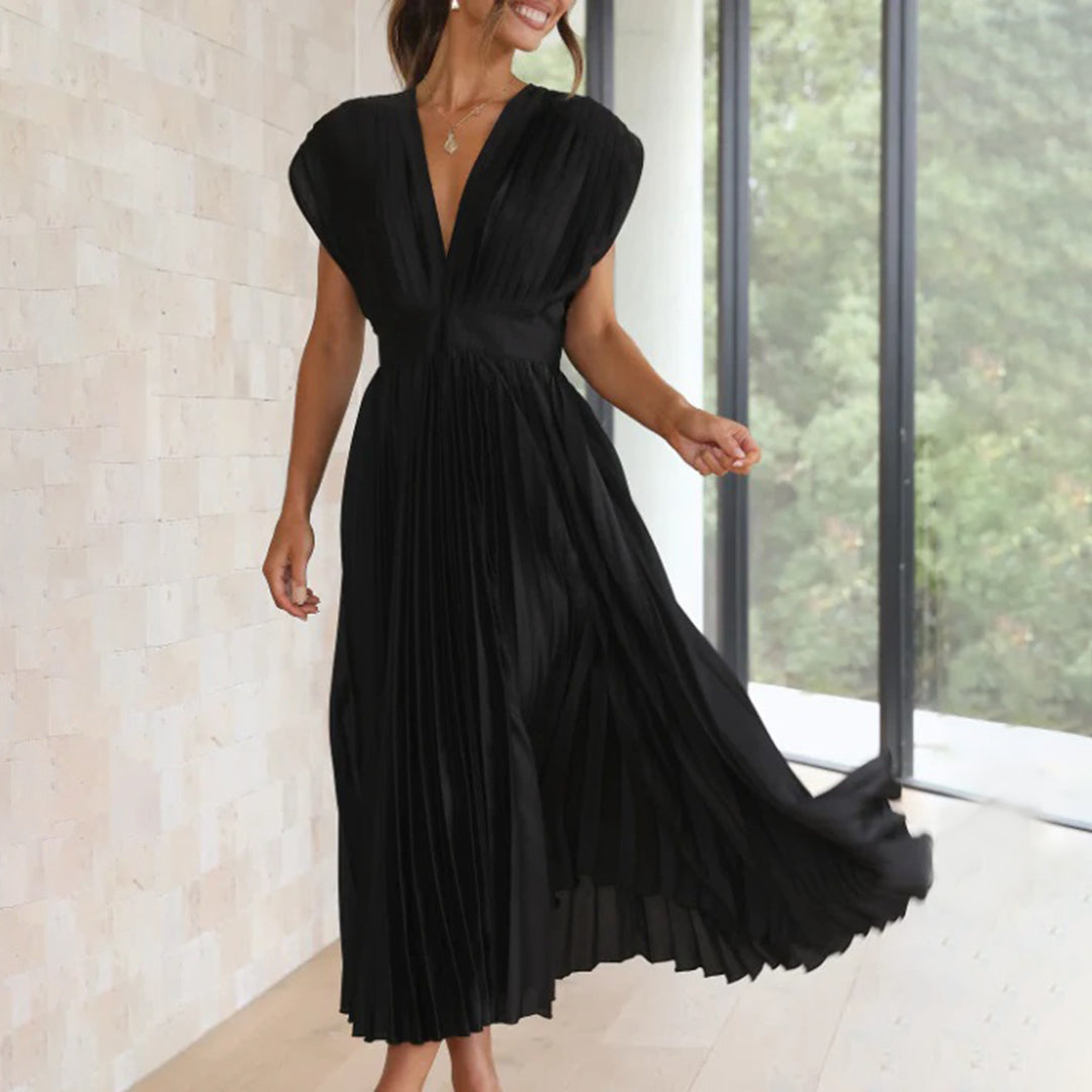 Celestia – Vestido elegante plisado con escote en V y espalda descubierta para mujer