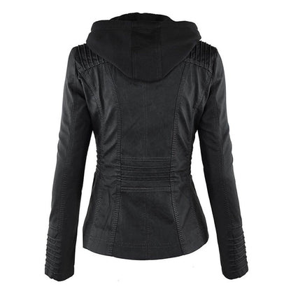 Chaqueta impermeable de imitación cuero para mujer con capucha – LEYRA