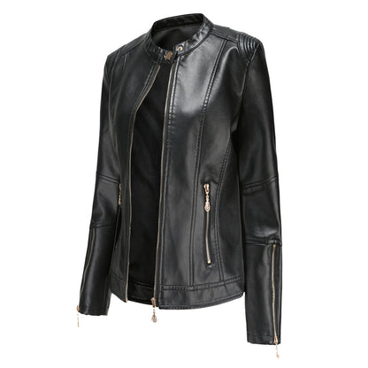 FENNA – Chaqueta de cuero elegante con cuello redondo y cierre de botones para mujer