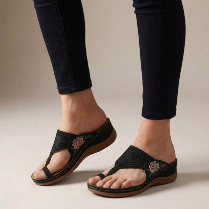 FLORA – Sandalias ortopédicas con cuña y bordado floral para mujer