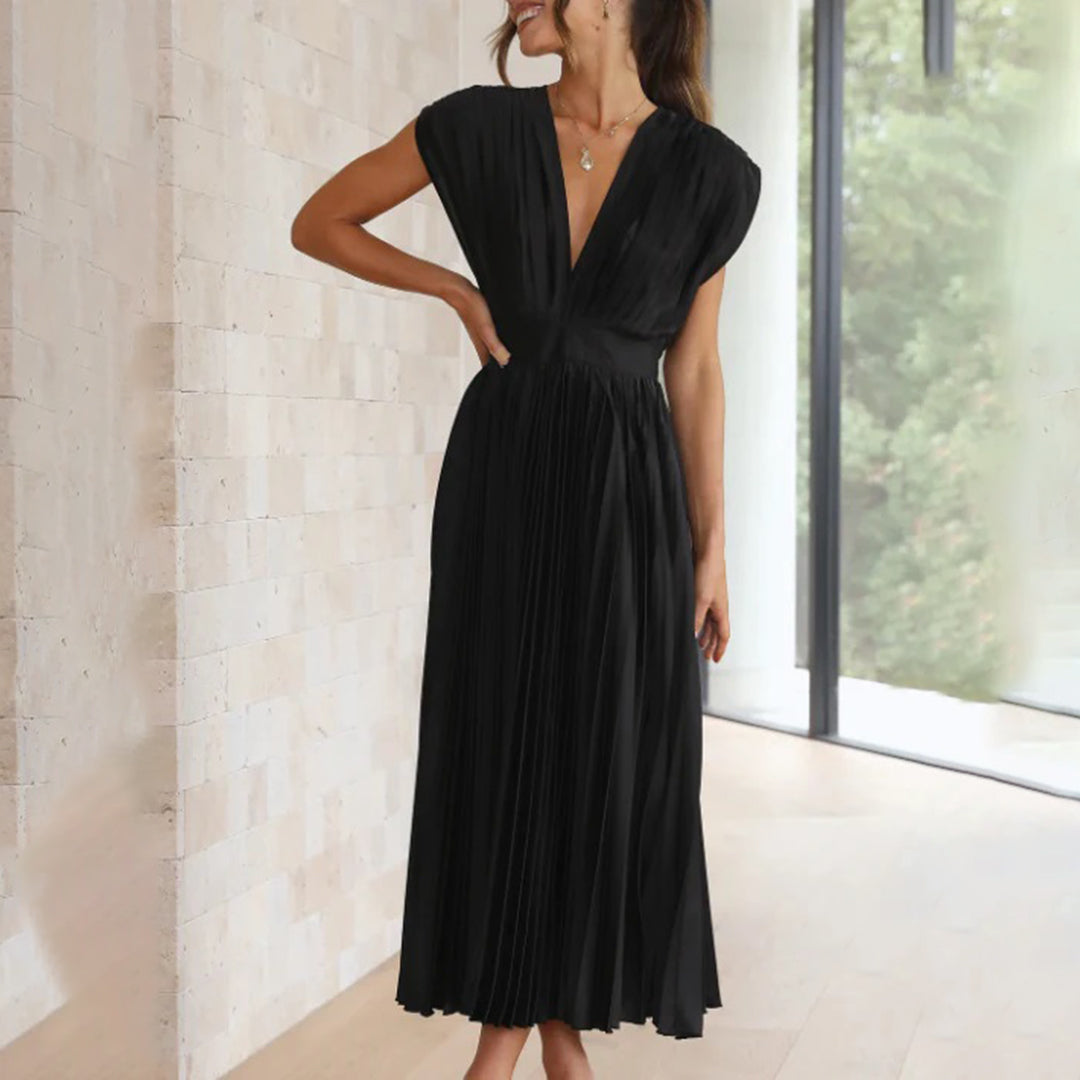 Celestia – Vestido elegante plisado con escote en V y espalda descubierta para mujer