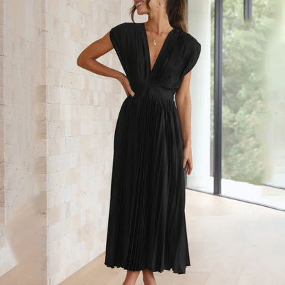 Celestia – Vestido elegante plisado con escote en V y espalda descubierta para mujer