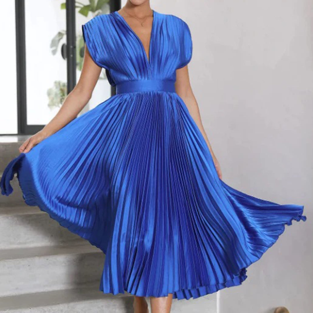 Celestia – Vestido elegante plisado con escote en V y espalda descubierta para mujer