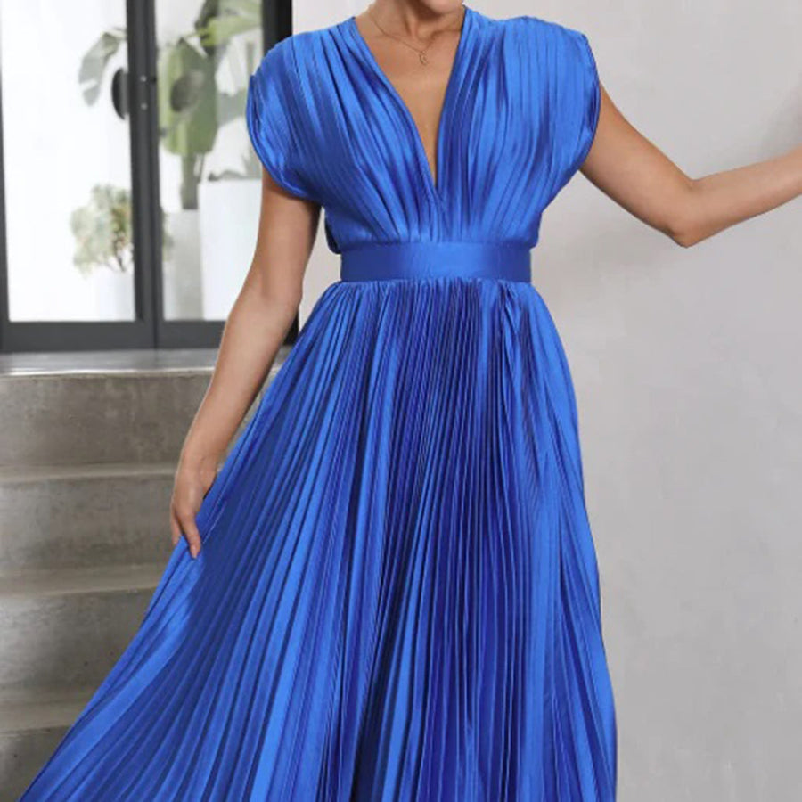 Celestia – Vestido elegante plisado con escote en V y espalda descubierta para mujer