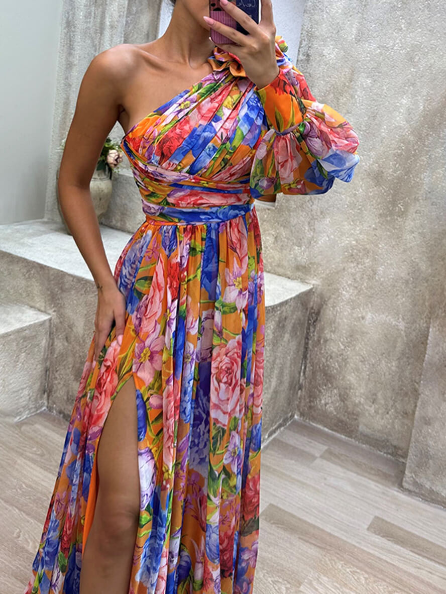 ELIANA – Vestido maxi floral de un hombro con volante y abertura alta