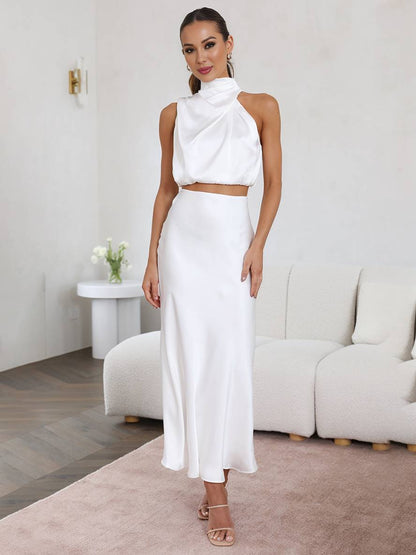 Celestina – Conjunto elegante de dos piezas con top halter y falda maxi de satén para mujer