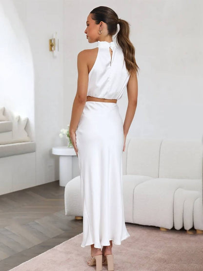 Celestina – Conjunto elegante de dos piezas con top halter y falda maxi de satén para mujer