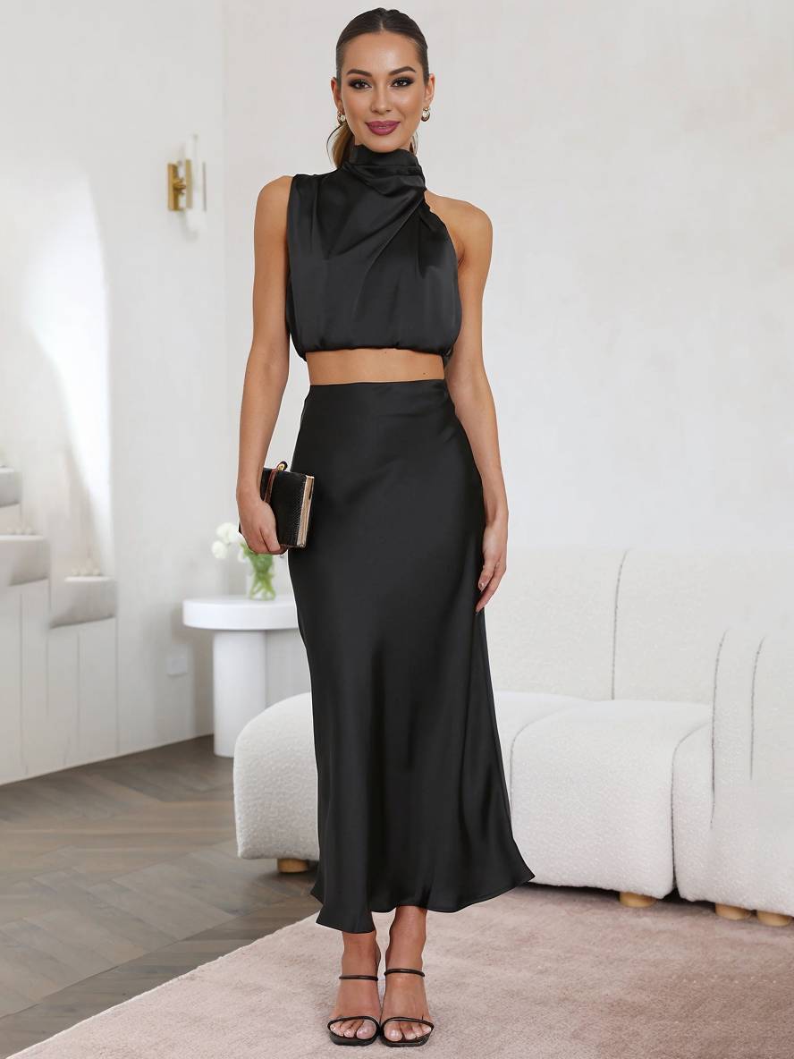 Celestina – Conjunto elegante de dos piezas con top halter y falda maxi de satén para mujer