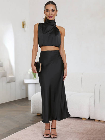 Celestina – Conjunto elegante de dos piezas con top halter y falda maxi de satén para mujer