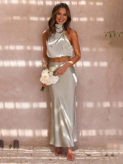 Celestina – Conjunto elegante de dos piezas con top halter y falda maxi de satén para mujer