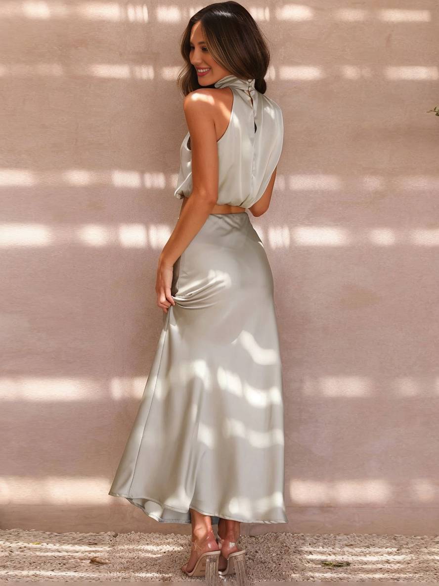 Celestina – Conjunto elegante de dos piezas con top halter y falda maxi de satén para mujer